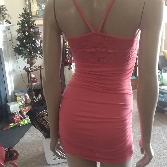 Marshmallow Bodycon Ruched Coral Colored Dress M - Picture 4 of 7